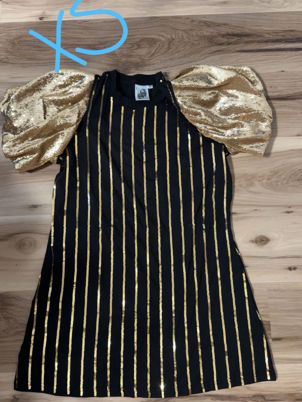 QUEEN OF SPARKLES Black Dress with Gold Sequin Puff Sleeves
